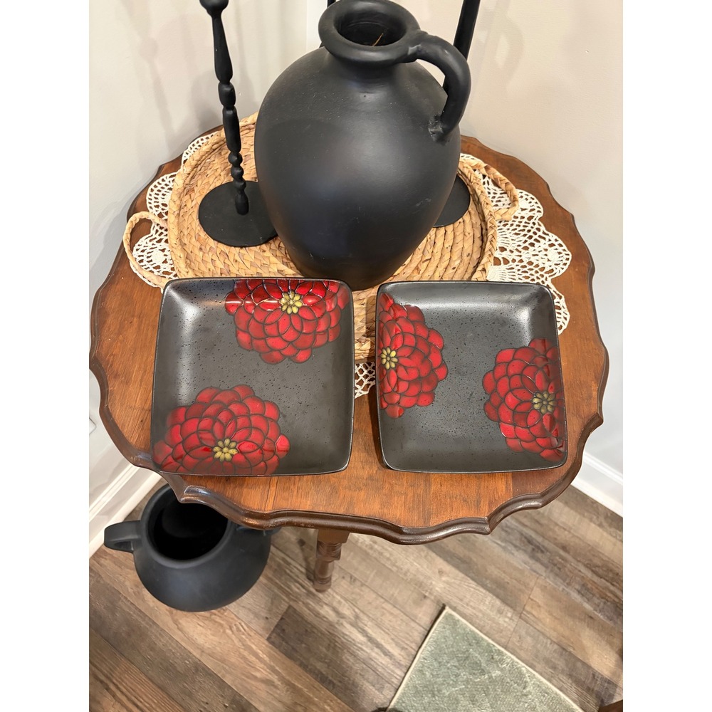 American Atelier Asiana Red Square Stoneware Salad Plates Set of 2 Black Floral